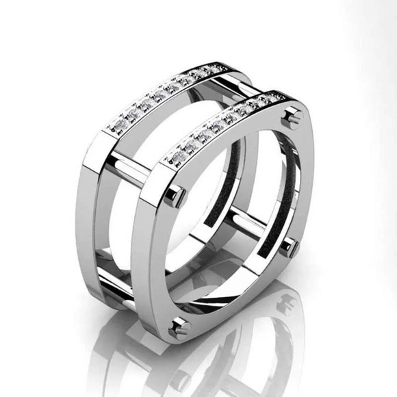 ▶Square Glitter Zircon Double Layer Silver Plated Ring for Men L187